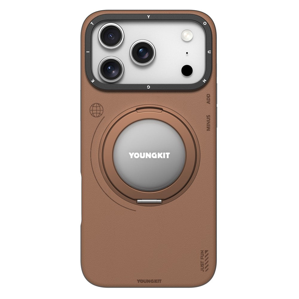 YOUNGKIT Rotating Magsafe Stand Shockproof TPU + PU Leather Phone Back Cover for iPhone 17 ProMax / 18 Pro Max- TAN BROWN