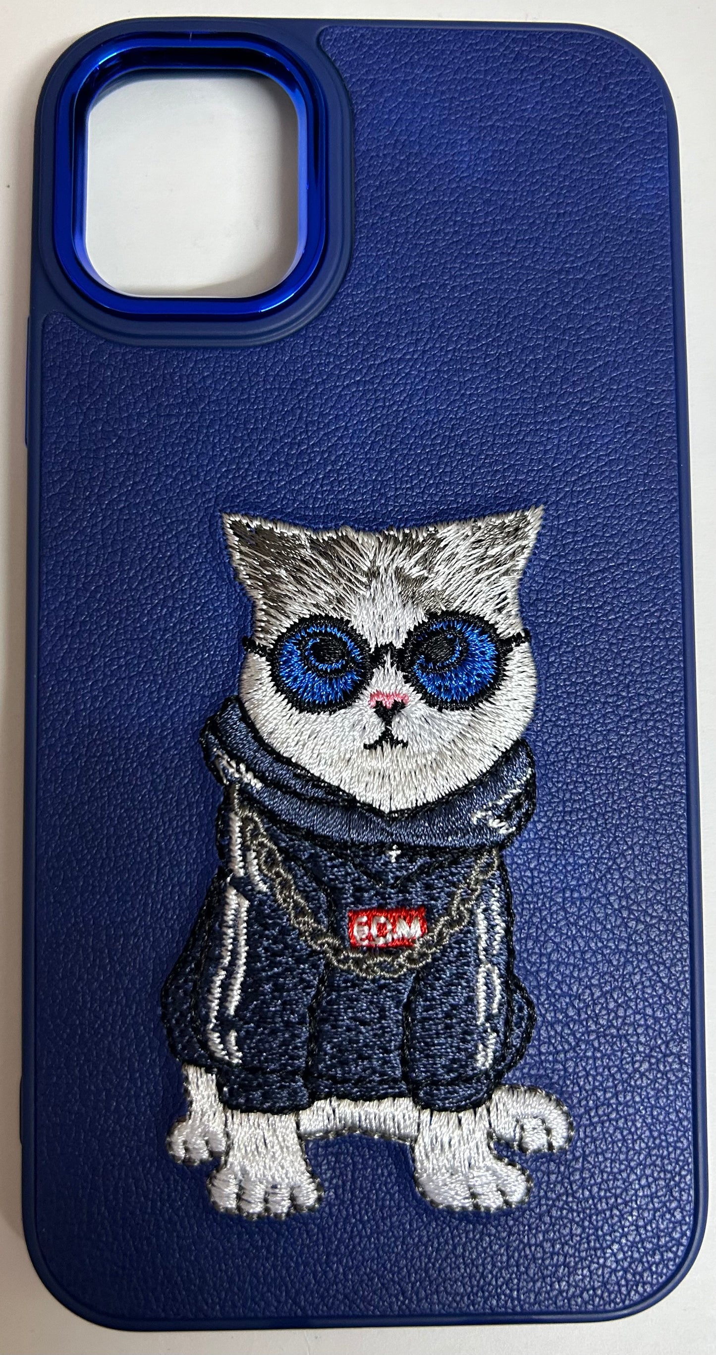 Embroidered Cat Series Leather Brown Back Case Compatible with iPhone with Metal Ring Protection