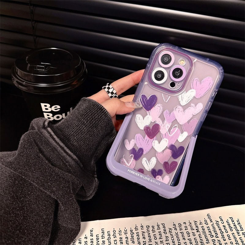 Protective Apple iPhone Back Cover - Hearts Purple Holder Stand Semi-Transparent iPhone Case - Style 6