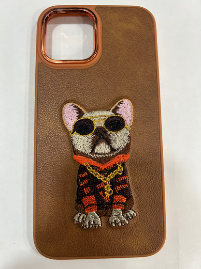 Embroidered Animal Pet Cat Series Leather Brown Back Case Compatible with iPhone