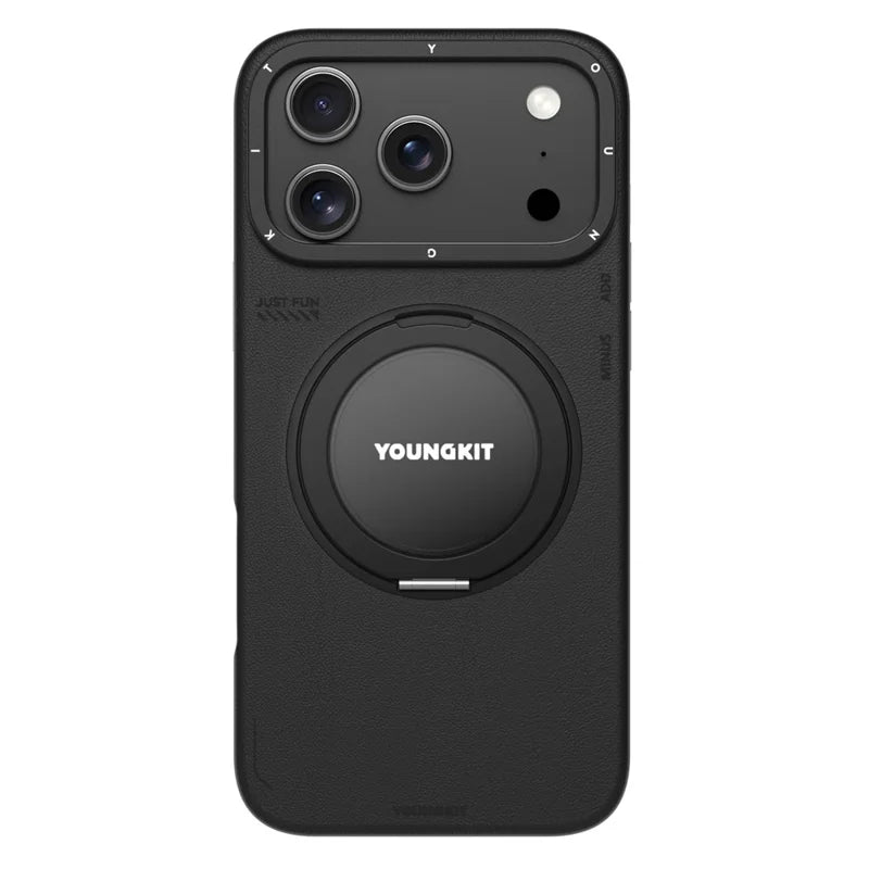Protective Apple iPhone Back Cover - YOUNGKIT Rotating Magsafe Stand Shockproof TPU + PU Leather Phone Back Cover for iPhone 17 Pro - BLACK - Style 2