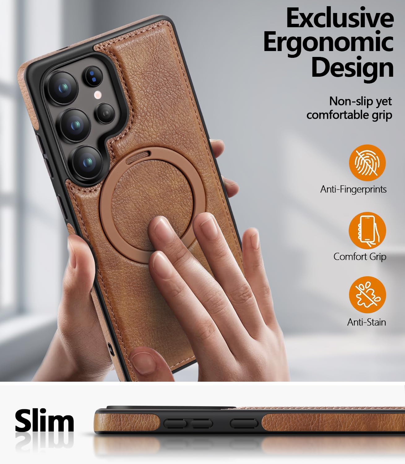 Samsung Galaxy S25 Ultra Vegan Leather Case with Magsafe and Stand - Brown Mobile Case by CoverMeUp - Style 6
