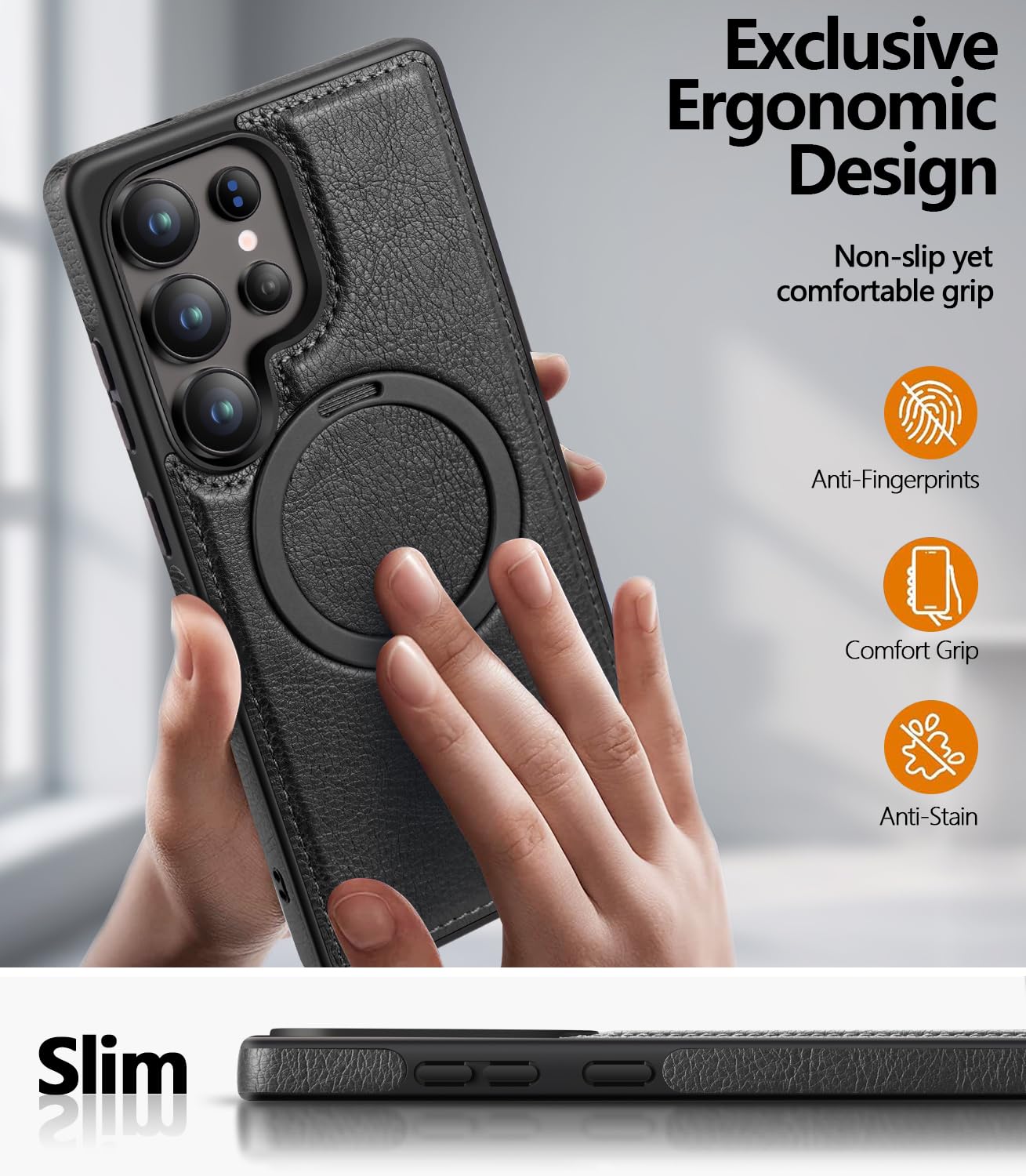 Samsung Galaxy S25 Ultra Vegan Leather Case with Magsafe and Stand - Black Mobile Case by CoverMeUp - Style 2