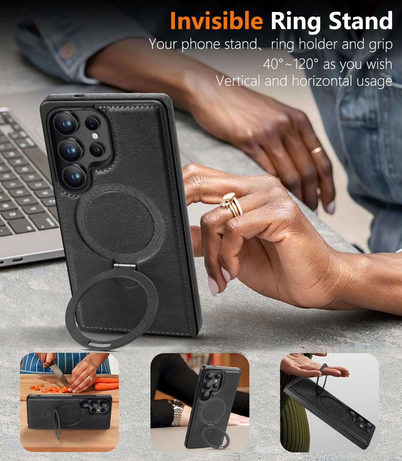 Samsung Galaxy S25 Ultra Vegan Leather Case with Magsafe and Stand - Black Mobile Case by CoverMeUp - Style 3