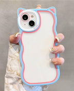 Protective Apple iPhone Back Cover - Cute Curly Wave Frame Case with 3D Cat Ears Soft Silicon Clear Case for iPhone