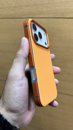 Protective Apple iPhone Back Cover - PU Leather Finish Metal Alloy Bumper Case for iPhone 17 Pro Max (ORANGE) - Style 2