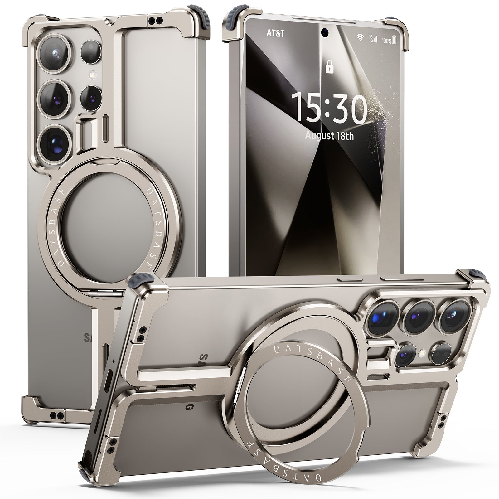 Samsung Galaxy S25 Ultra Frameless Metal Shockproof Bumper Case with Magsafe & 360° Rotatable Ring Kickstand - Titanium Mobile Case by CoverMeUp