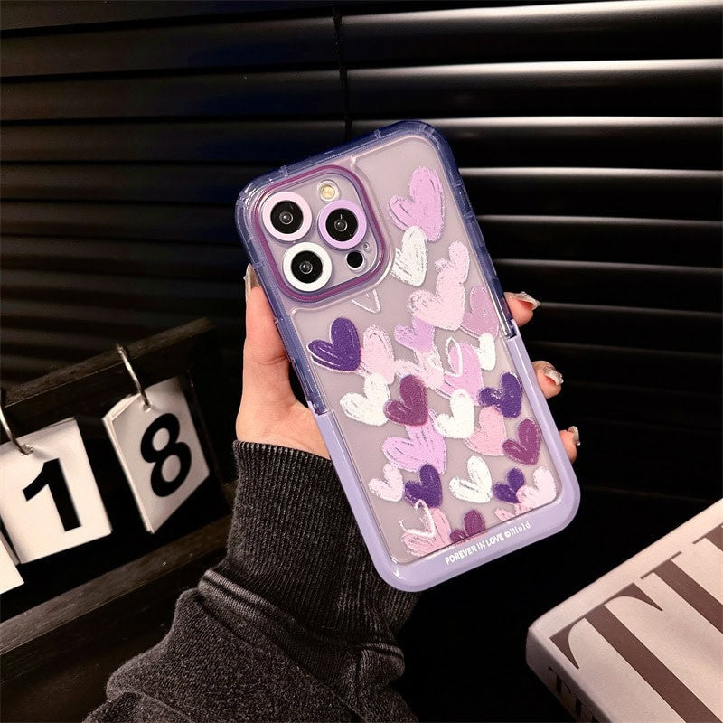 Protective Apple iPhone Back Cover - Hearts Purple Holder Stand Semi-Transparent iPhone Case - Style 7
