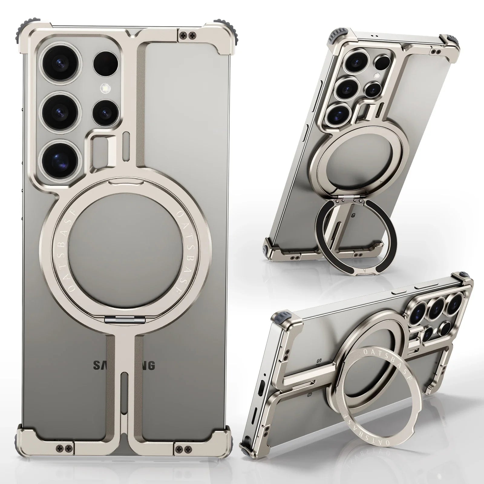 Samsung Galaxy S25 Ultra Frameless Metal Shockproof Bumper Case with Magsafe & 360° Rotatable Ring Kickstand - Titanium Mobile Case by CoverMeUp - Style 2