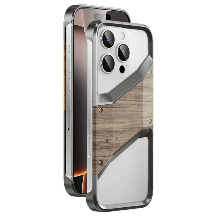 Hybrid Wooden Metal New Design Case For iPhone 15 Pro Max (Grey Titanium)
