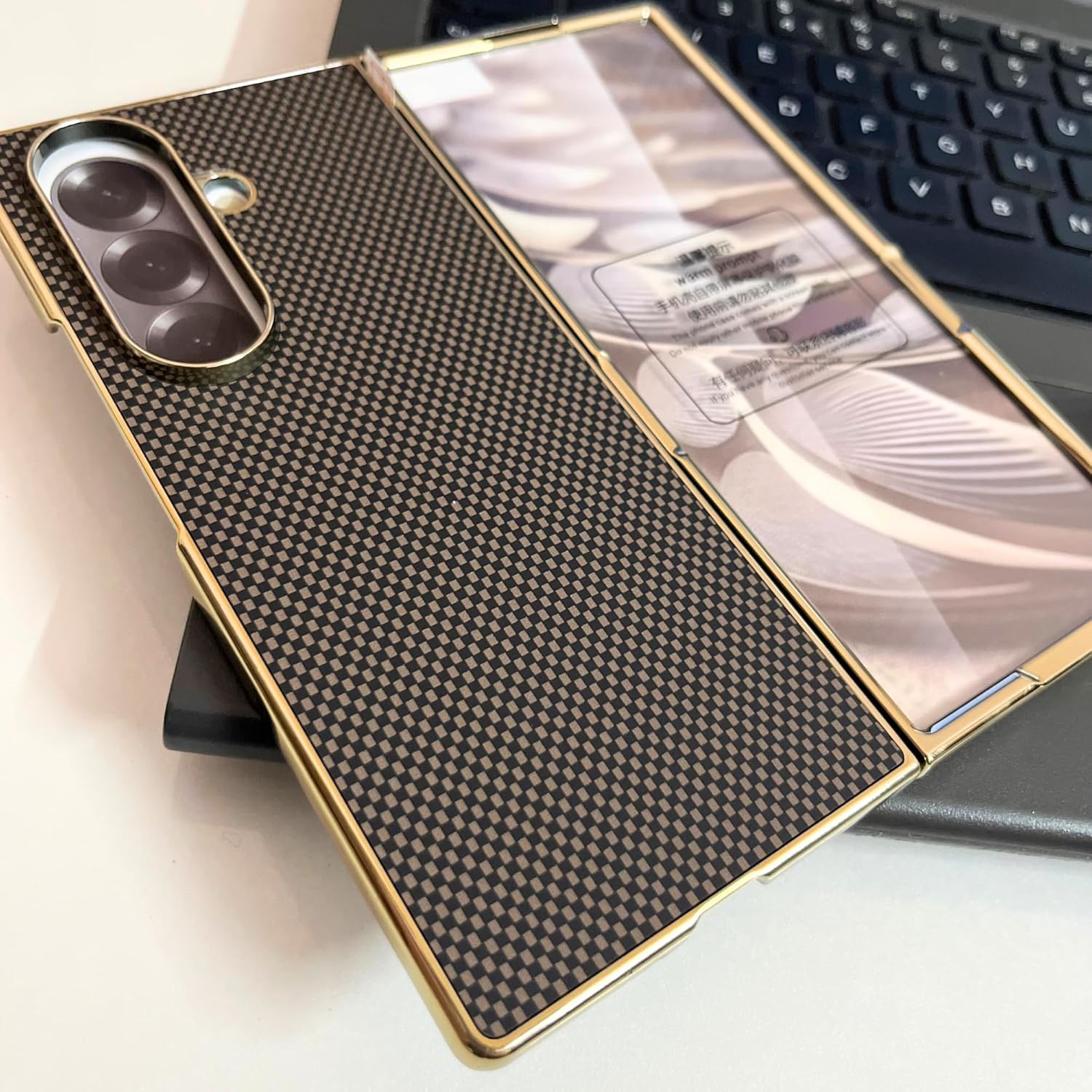 Samsung Galaxy Z Fold 7 Luxury Gold Plating Carbon Fiber Finish Case with Front Glass Protection - Black