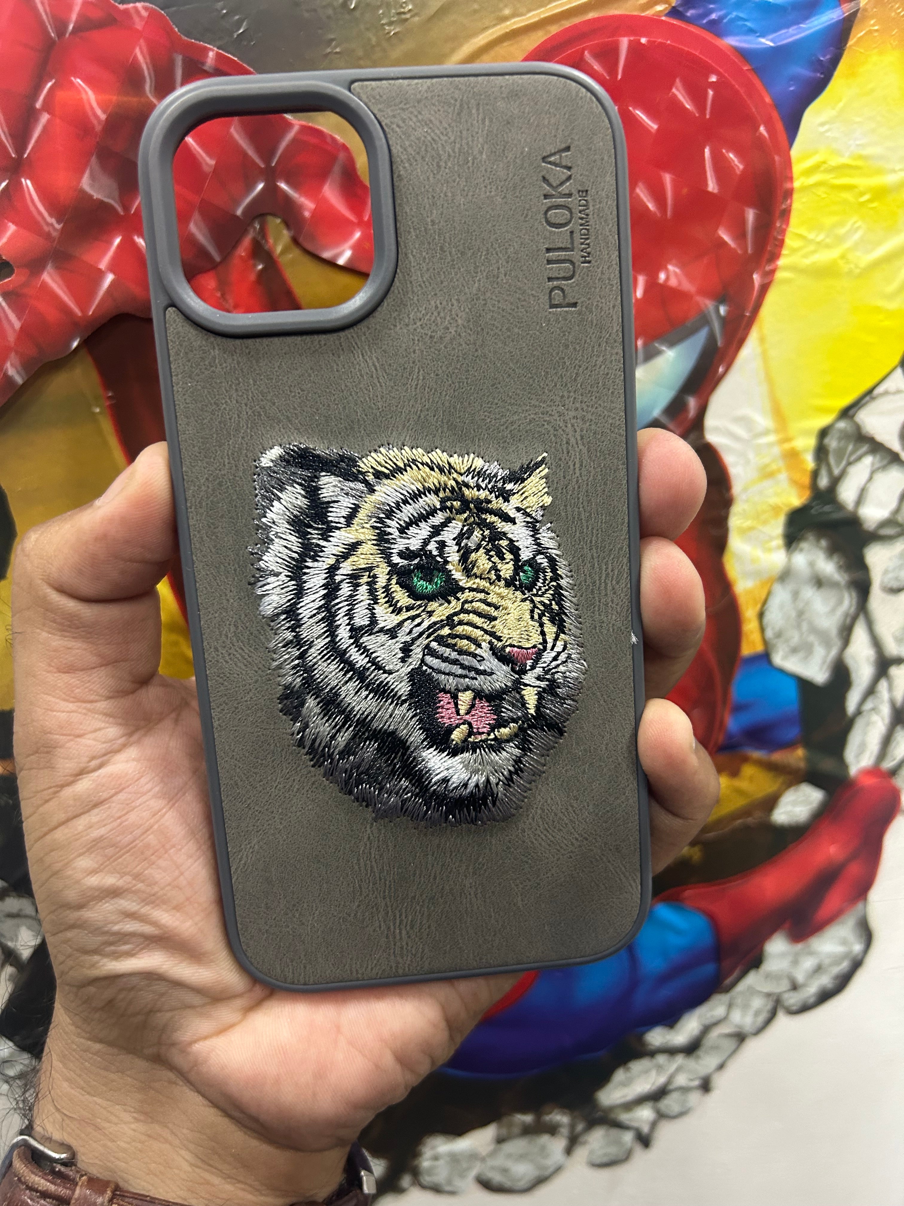 Embroidered Tiger Series Leather Back Case Compatible with iPhone with ring protection