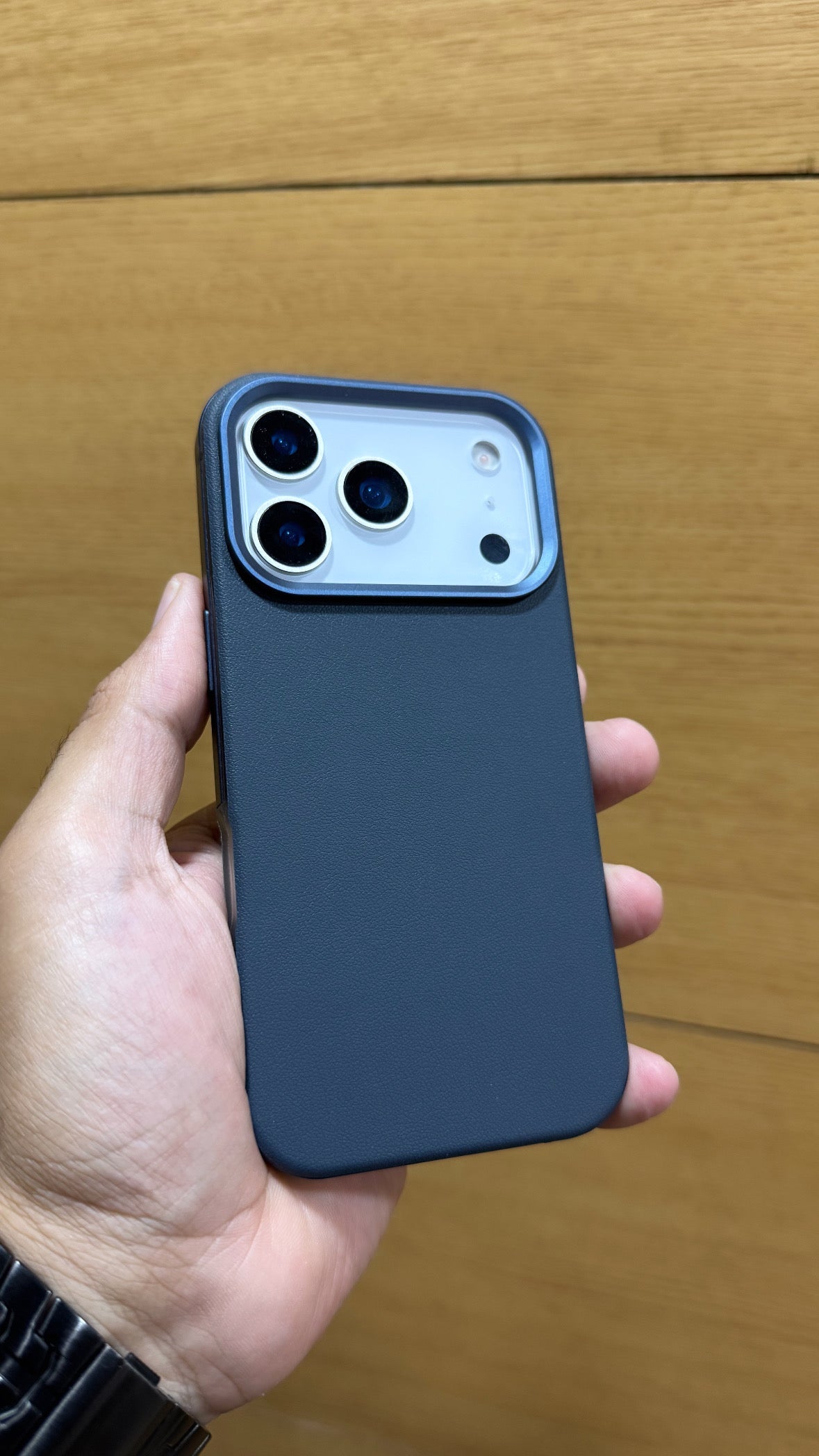Protective Apple iPhone Back Cover - PU Leather Finish Metal Alloy Bumper Case for iPhone 17 Pro Max (BLUE)