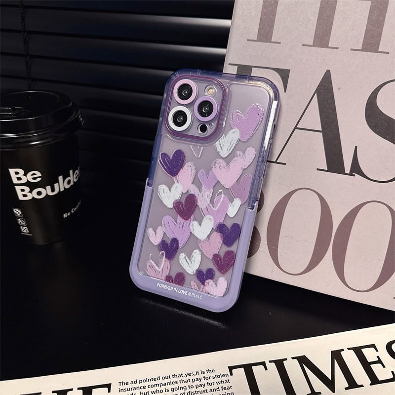 Protective Apple iPhone Back Cover - Hearts Purple Holder Stand Semi-Transparent iPhone Case - Style 8