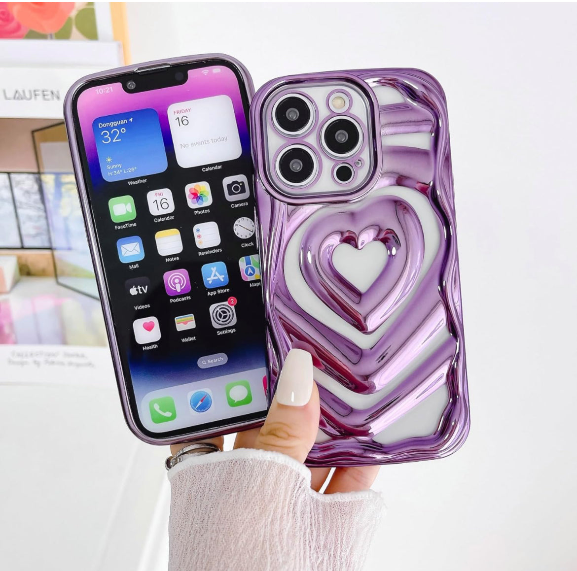 Clear Cute 3D Love Heart Pattern Purple Glitter Bling Soft Silicone Shockproof Girls Women Case for iPhone