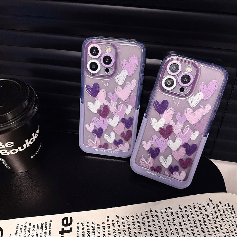 Protective Apple iPhone Back Cover - Hearts Purple Holder Stand Semi-Transparent iPhone Case - Style 9