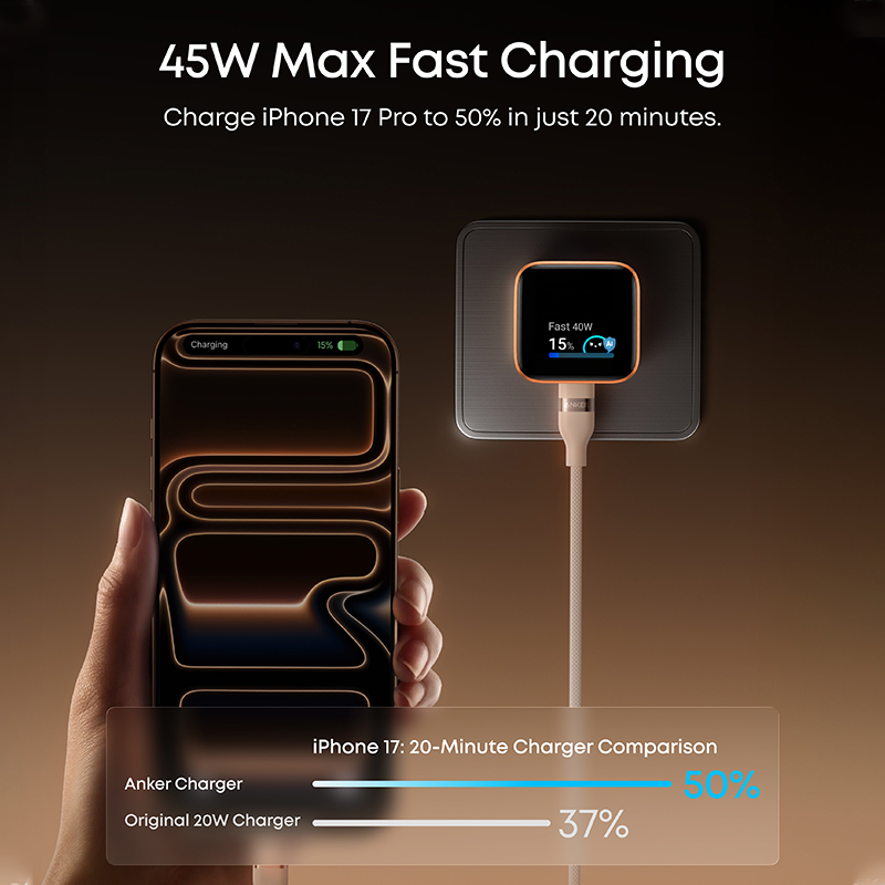 Anker Nano Charger (45W, Smart Display, 180° Foldable)