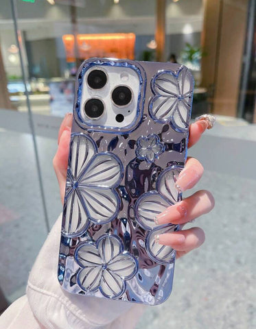 Smog-Blue Plating Simple Personality 3d Oil Painting Flower Tpu Phone Case Compatible with Iphone