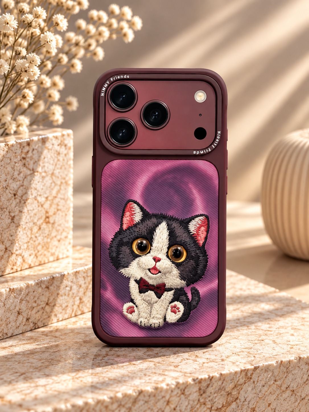 Nimmy Designer Case for iPhone 17/18 Pro & Pro Max - iPhone 17 Pro Max / 18 Pro Max - Burgundy Cat