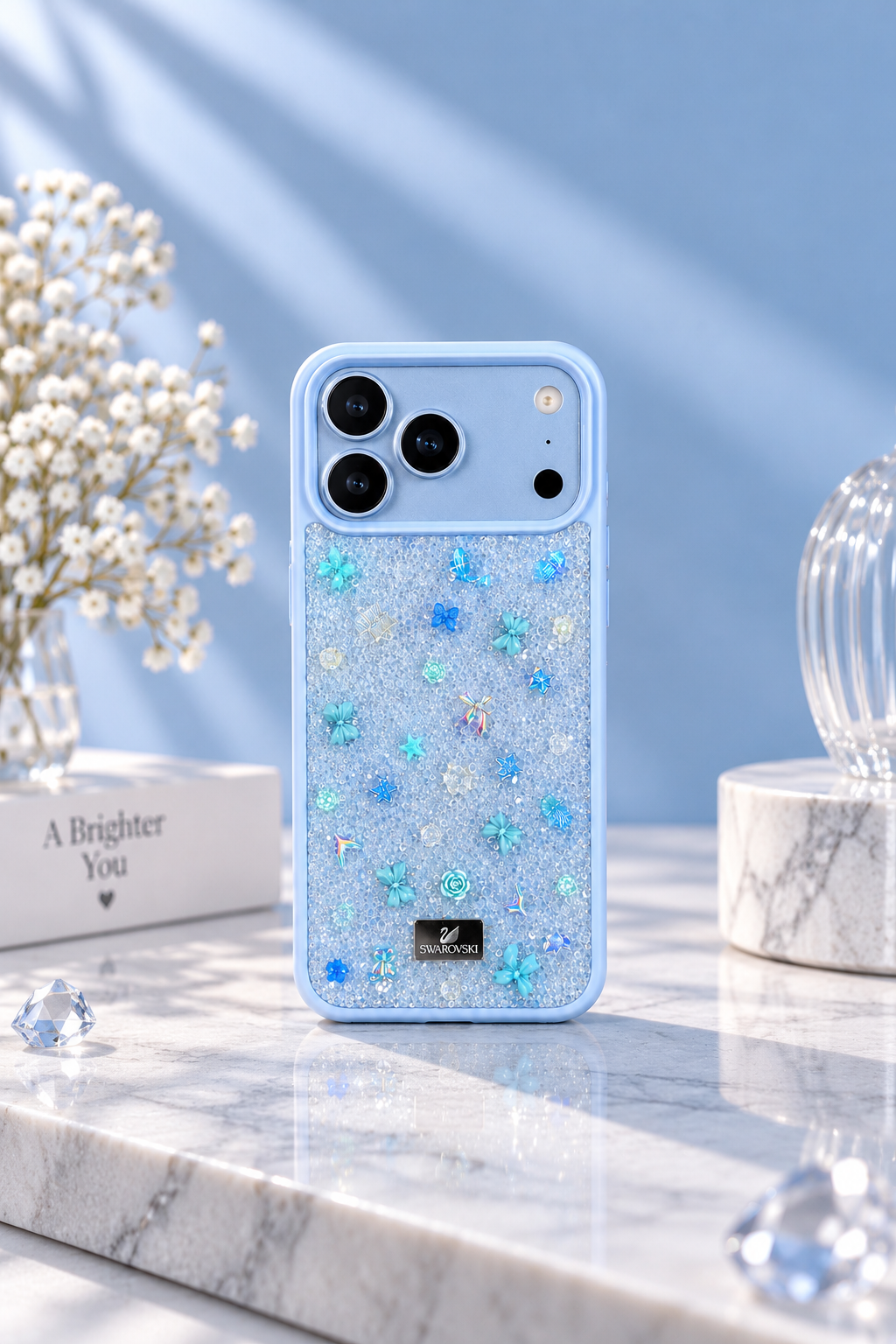 Floral Swarovski Bling World Glitter Case For iPhone 17 Pro Max / 18 Pro Max (Glacier Blue)