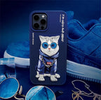 Nimmy Premium Embroidered Leather Case - Nimmy Stylish Blue Cat  Case for iPhone 14 Pro Max - Style 2