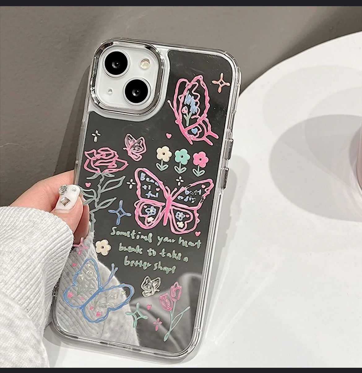 Butterfly Mirror Phone Case with Pop Socket & Charm Bracelet – Shockproof & Stylish for iPhone (TPU + Silicone)