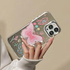 Protective Apple iPhone Back Cover - Butterfly Mirror Phone Case with Pop Socket & Charm Bracelet – Shockproof & Stylish for iPhone (TPU + Silicone) - Style 7