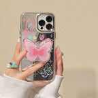 Protective Apple iPhone Back Cover - Butterfly Mirror Phone Case with Pop Socket & Charm Bracelet – Shockproof & Stylish for iPhone (TPU + Silicone) - Style 8