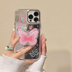 Butterfly Mirror Phone Case with Pop Socket & Charm Bracelet – Shockproof & Stylish for iPhone (TPU + Silicone)