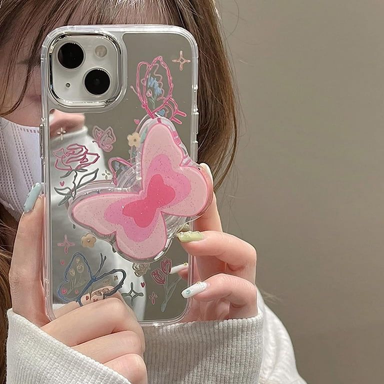 Butterfly Mirror Phone Case with Pop Socket & Charm Bracelet – Shockproof & Stylish for iPhone (TPU + Silicone)