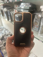 Protective Apple iPhone Back Cover - IPHONE LUXURY PU LEATHER CHROME PLATED LOGO CUT CASE COVER - Style 2