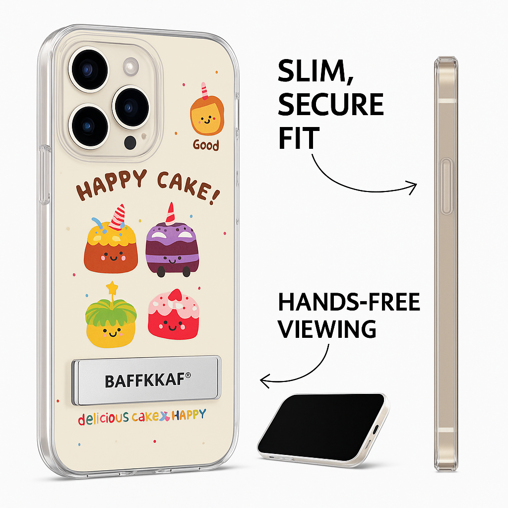 Happy Cake iPhone Case – Cute Cartoon Dessert Design with Kickstand