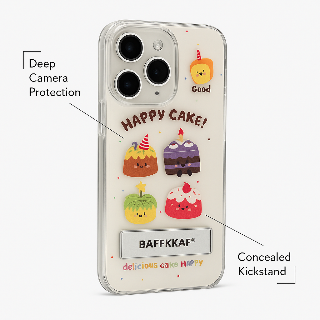 Happy Cake iPhone Case – Cute Cartoon Dessert Design with Kickstand
