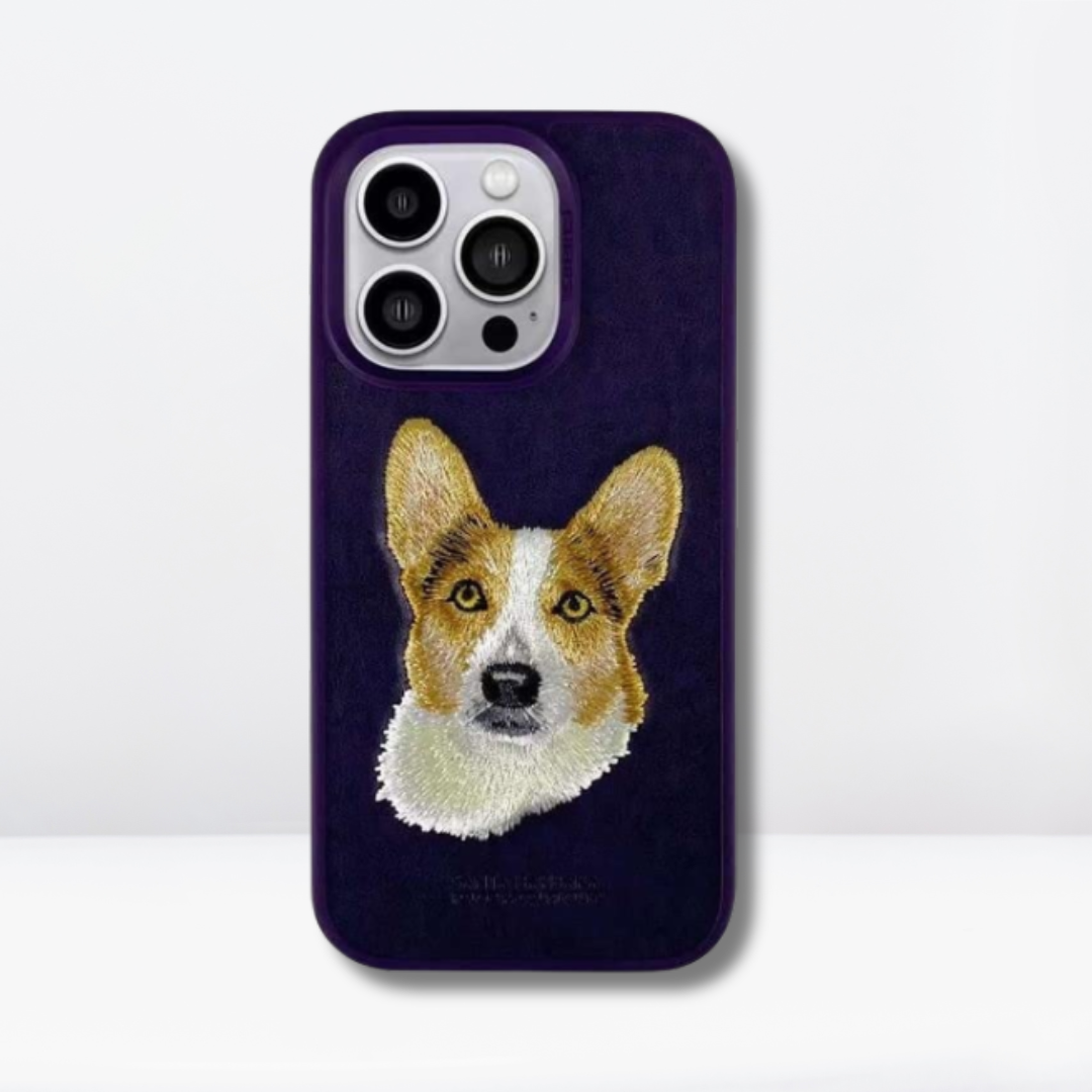 Curtis Series Embroidered Faux Leather Dog Face Case for iPhone 14 Pro Max