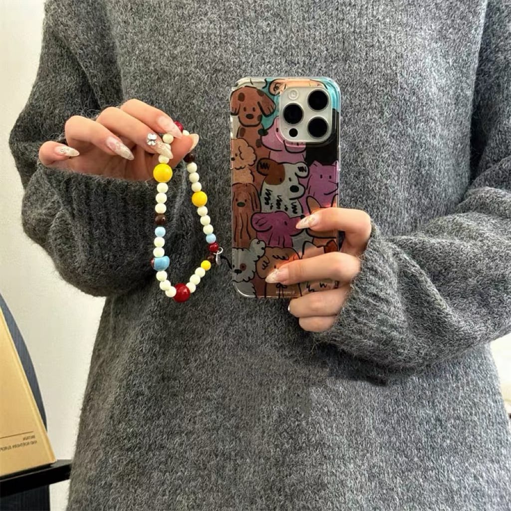 Cute Oil-Painted Dog Phone Case with Colorful Beaded Charm