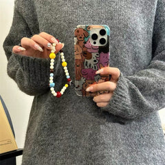 Cute Oil-Painted Dog Phone Case with Colorful Beaded Charm