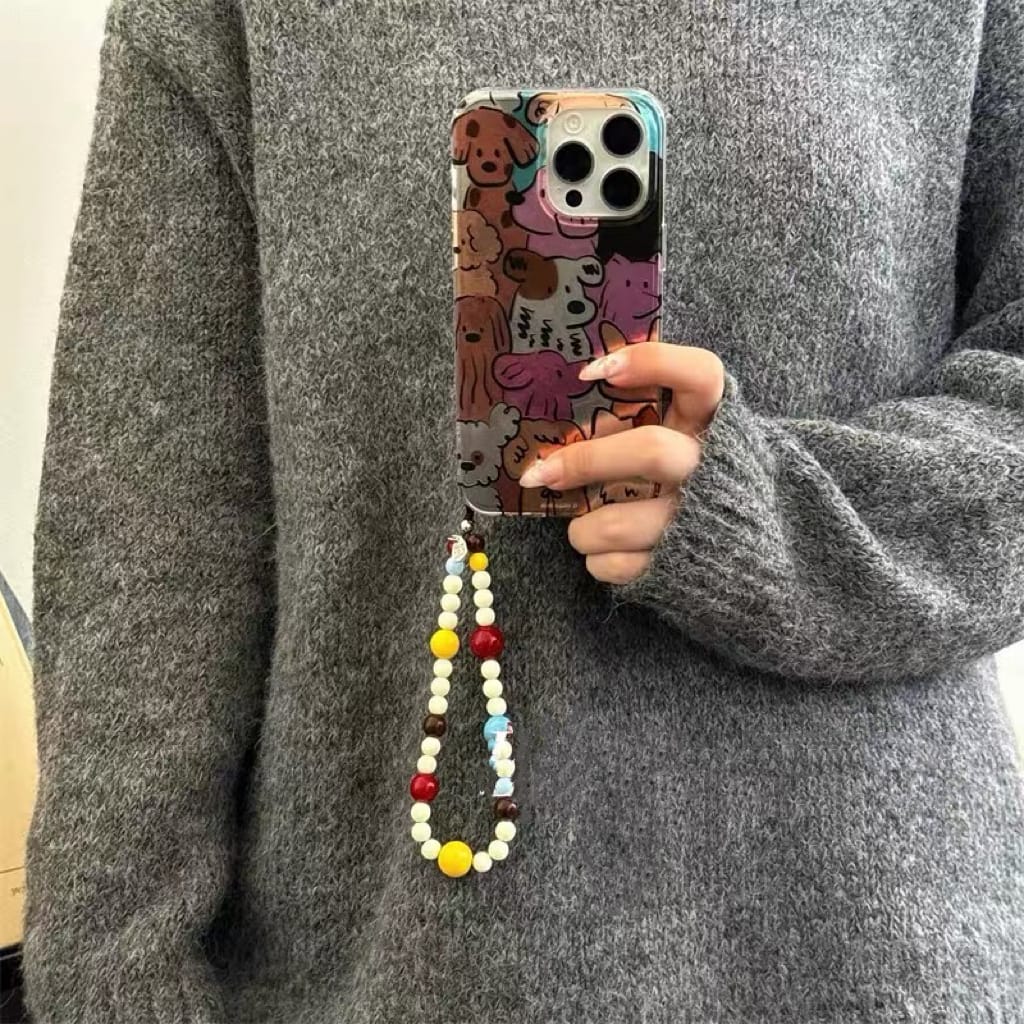 Cute Oil-Painted Dog Phone Case with Colorful Beaded Charm