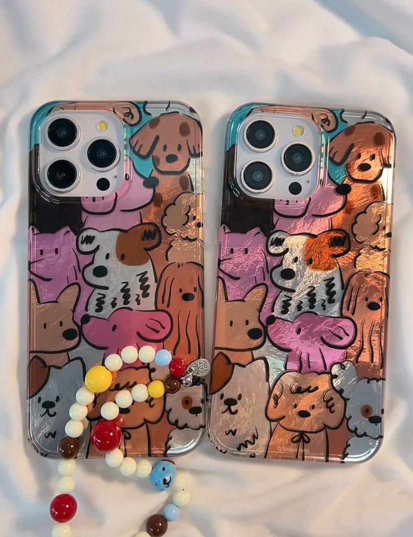 Cute Oil-Painted Dog Phone Case with Colorful Beaded Charm