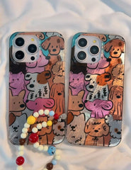 Cute Oil-Painted Dog Phone Case with Colorful Beaded Charm