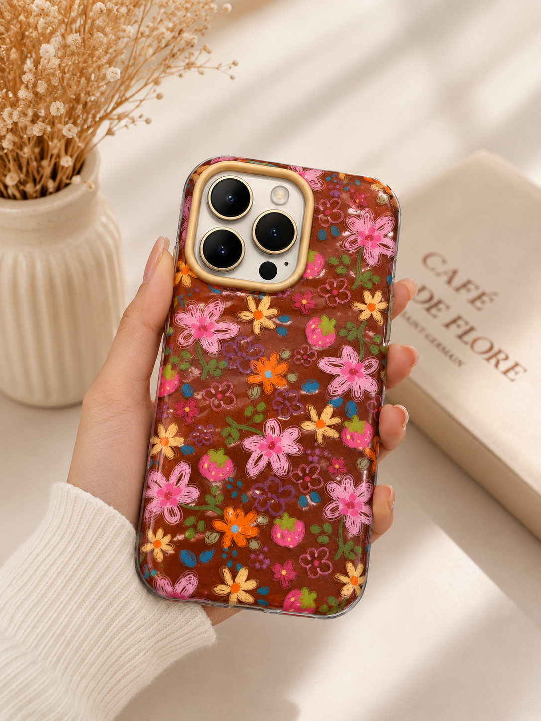 Cartoon Designer Matte Finish Case for iPhone 16 Pro(Floral Brown)