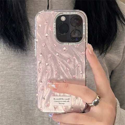 Korean Pink Flower Gradient Case for iPhone with Metal Ring Protection