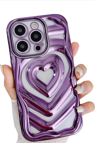 Clear Cute 3D Love Heart Pattern Purple Glitter Bling Soft Silicone Shockproof Girls Women Case for iPhone