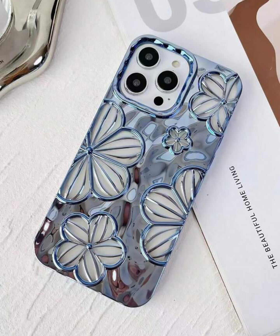 Smog-Blue Plating Simple Personality 3d Oil Painting Flower Tpu Phone Case Compatible with Iphone