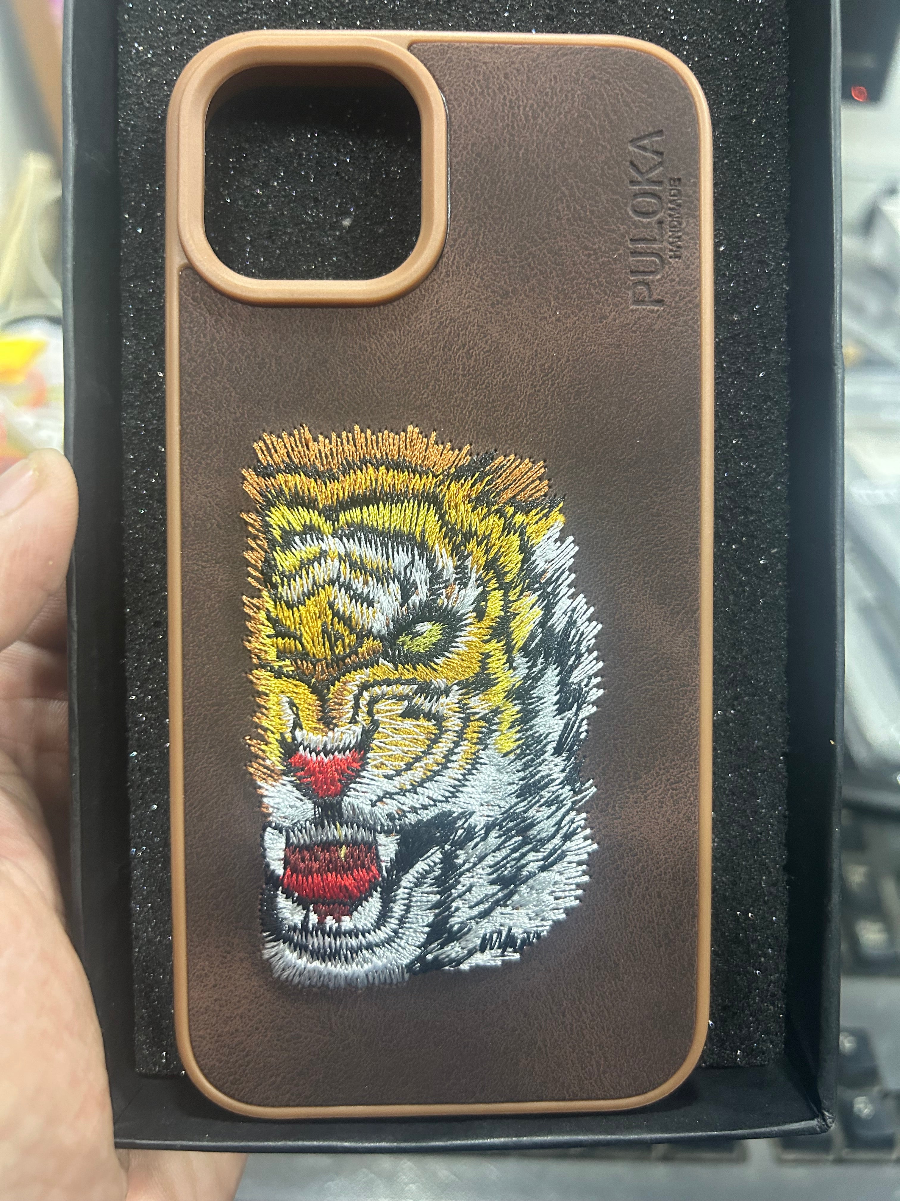 Embroidered Tiger Series Leather Back Case Compatible with iPhone with ring protection