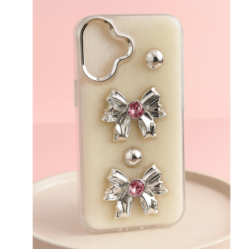 Elegant Bow Accent TPU iPhone Case with Pearl Gloss Finish & Metal Ring Protection