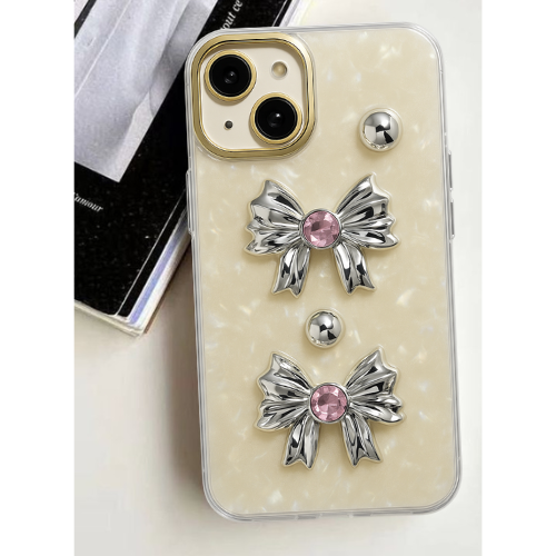 Elegant Bow Accent TPU iPhone Case with Pearl Gloss Finish & Metal Ring Protection