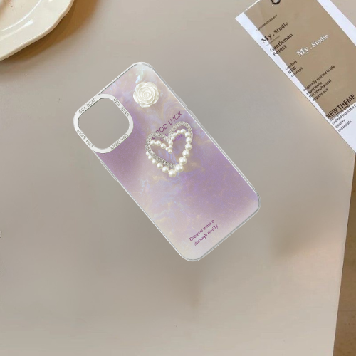 Elegant Pearl Heart & Rose TPU Phone Case – Soft Sides with Metal Ring Protection