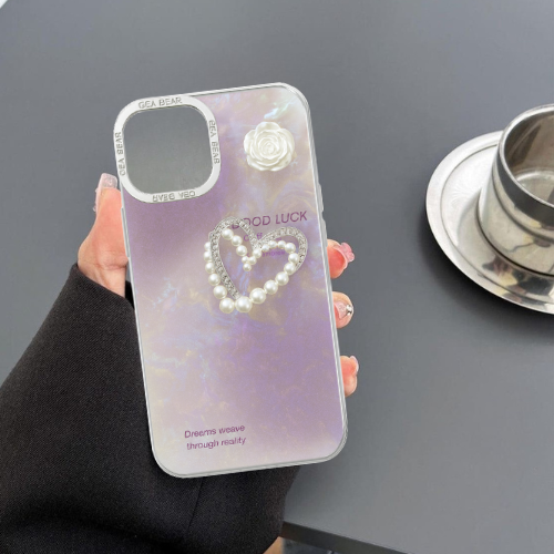 Elegant Pearl Heart & Rose TPU Phone Case – Soft Sides with Metal Ring Protection
