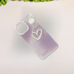 Elegant Pearl Heart & Rose TPU Phone Case – Soft Sides with Metal Ring Protection