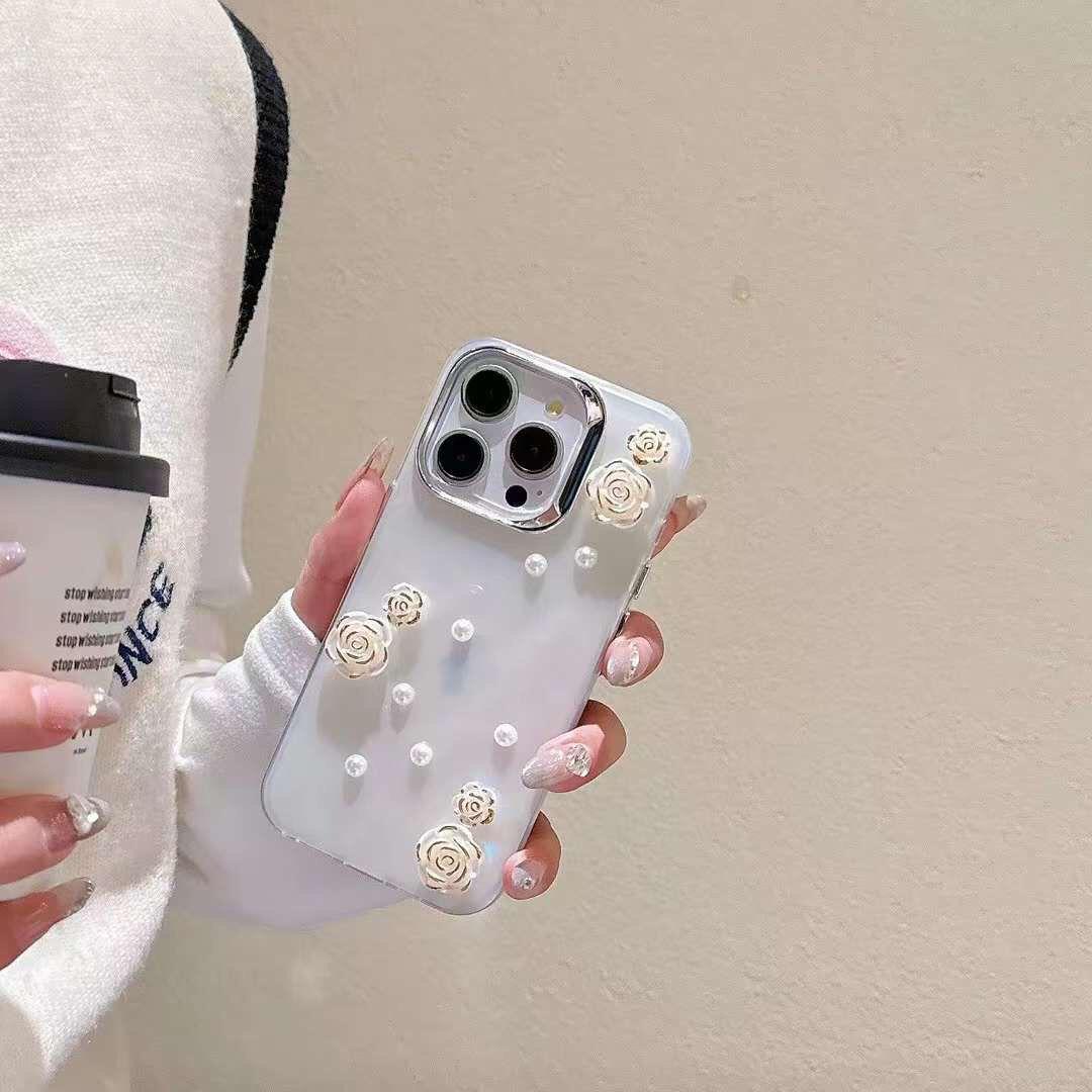 Elegant Pearl & Rose Flower Phone Case – Soft TPU Protective Cover